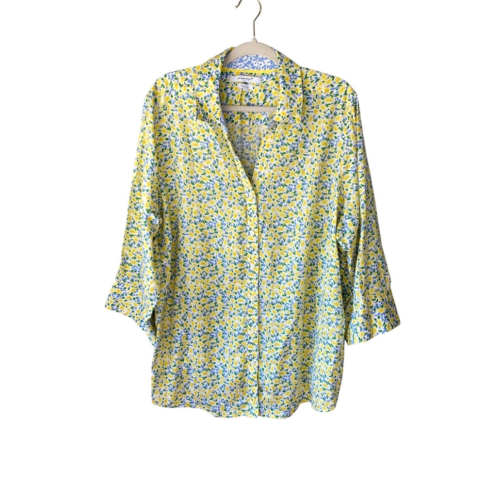Foxcroft NYC Yellow Blue Floral Wrinkle Free Shaped‎ Button Down Shirt 22W